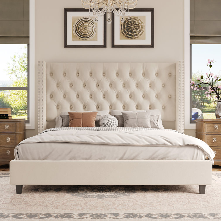 Upholstered bed deals cream